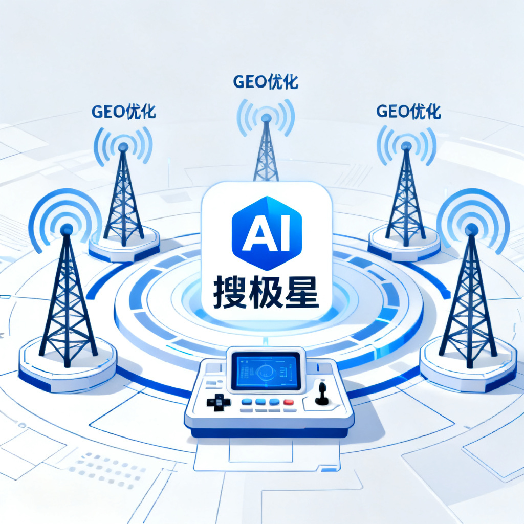 一个品牌Logo被多个AI信号塔环绕，信号塔上标注“GEO优化”，下方有“搜极星”控制台