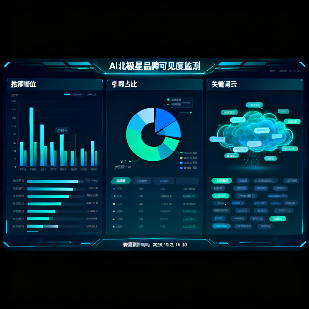 品牌AI北极星的动态仪表盘，显示品牌在多个AI模型中的可见度指标，包括推荐顺位、引用占比、关键词云，界面数据可视化。