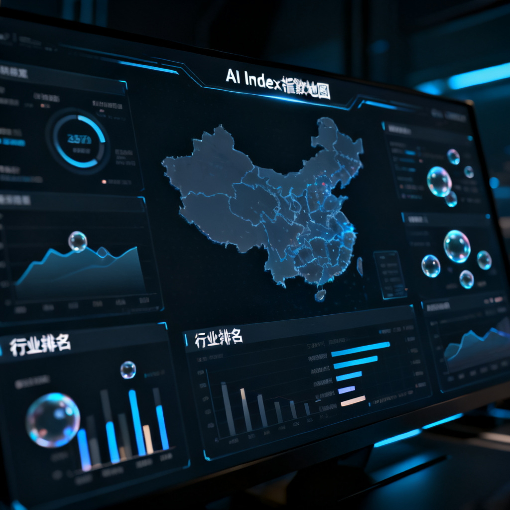 星球广场数据大屏界面，展示AI Index指数地图和行业排名，各类数据图表与气泡图，科技感深色主题