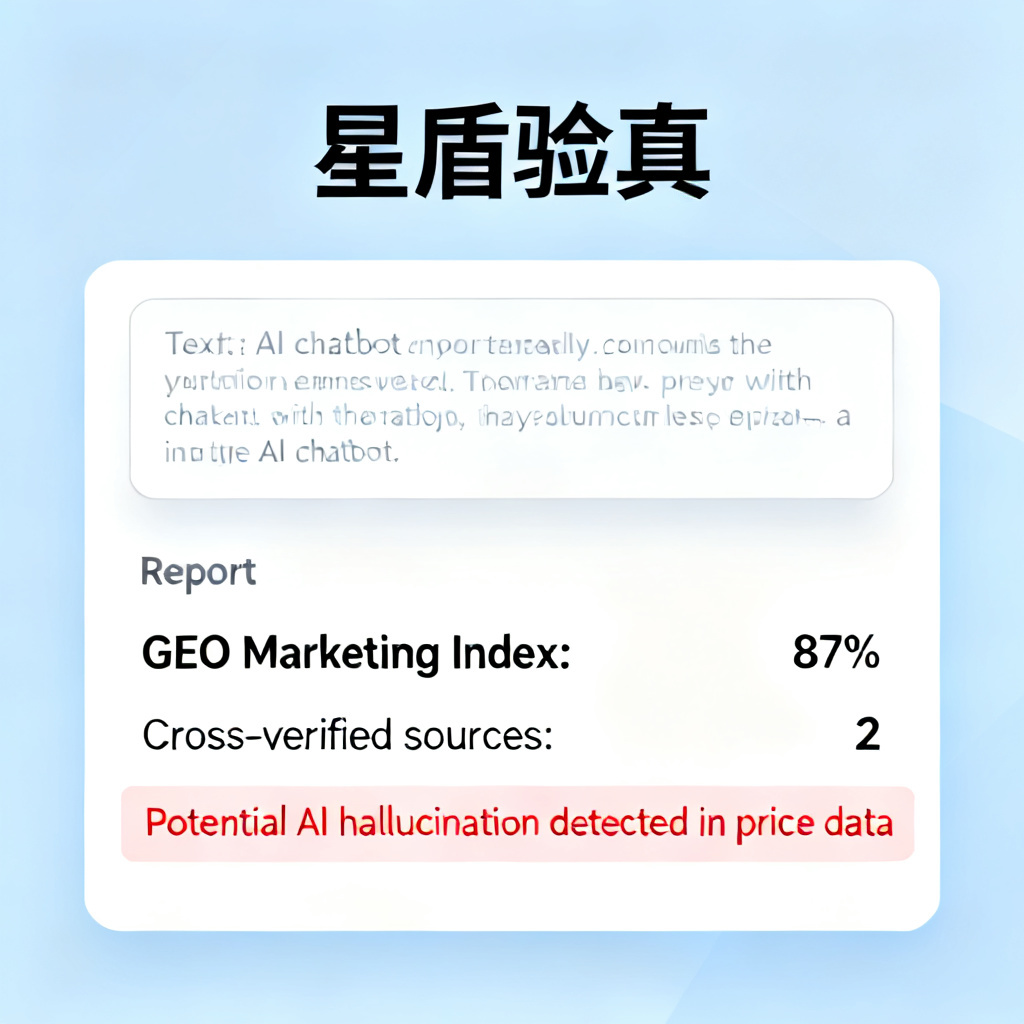 A web interface titled '星盾验真' with a text input box containing a paragraph from an AI chatbot. Below, a report shows 'GEO Marketing Index: 87%', 'Cross-verified sources: 2', and highlights 'Potential AI hallucination detected in price data'.