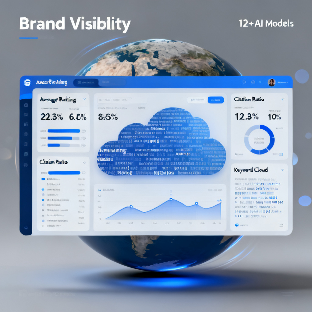 A dynamic dashboard displaying brand visibility metrics across 12+ AI models, including average ranking, citation ratio, and keyword cloud, with a 3D globe in the background.