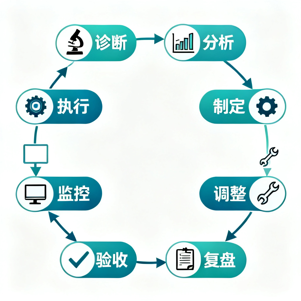 一个流程图，展示从诊断到复盘的8步循环，每个步骤有图标和箭头连接