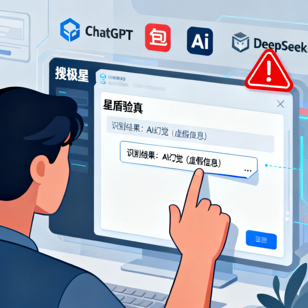 一个用户正在将一段AI生成的文本粘贴到“搜极星”的“星盾验真”界面，界面显示“识别结果：AI幻觉（虚假信息）”，背景是各种AI平台图标（如ChatGPT、豆包、DeepSeek）和红色的警告标志