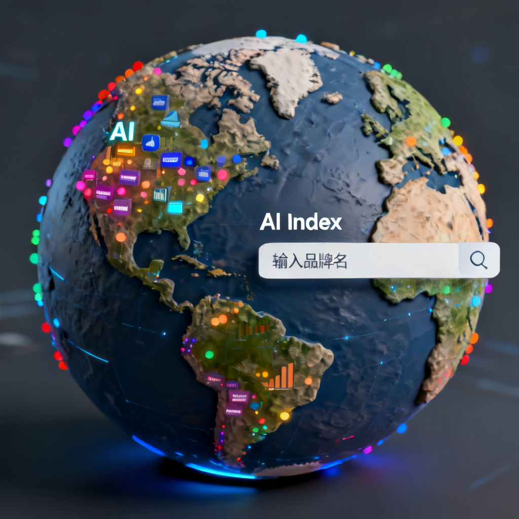 一个3D地球模型，上面分布着各个行业的数据点，标注“AI Index”指数，旁边有搜索框输入竞品品牌名