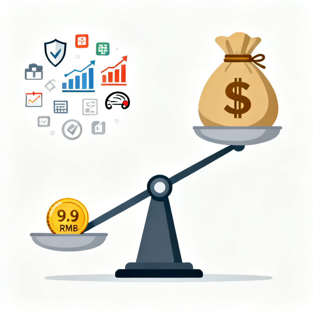 A balance scale with one side holding a small coin labeled '9.9 RMB' and many feature icons (shield, chart, speed icon), the other side holding a large dollar bag. Symbolizes high value for low cost.