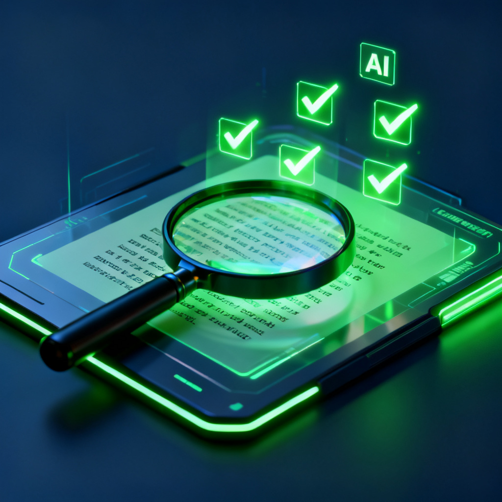 A futuristic scanner interface with a magnifying glass over text, glowing green checkmarks, representing AI content verification.