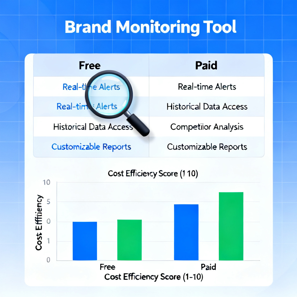 A comparison table showing free vs paid features of a brand monitoring tool, with a magnifying glass highlighting 'free' and a bar chart showing cost efficiency