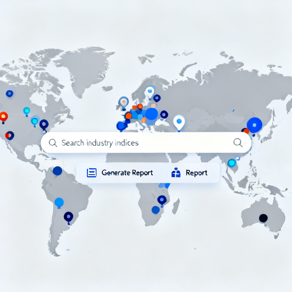 A global map with data nodes representing industry indices, overlaid with search bars and report icons