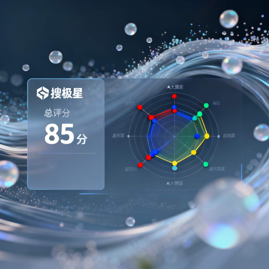 搜极星品牌指数可视化界面，左侧显示品牌名称和总评分，右侧分布雷达图展示品牌在多个AI大模型中的感知强度，数据点用不同颜色区分，背景有动态粒子效果。