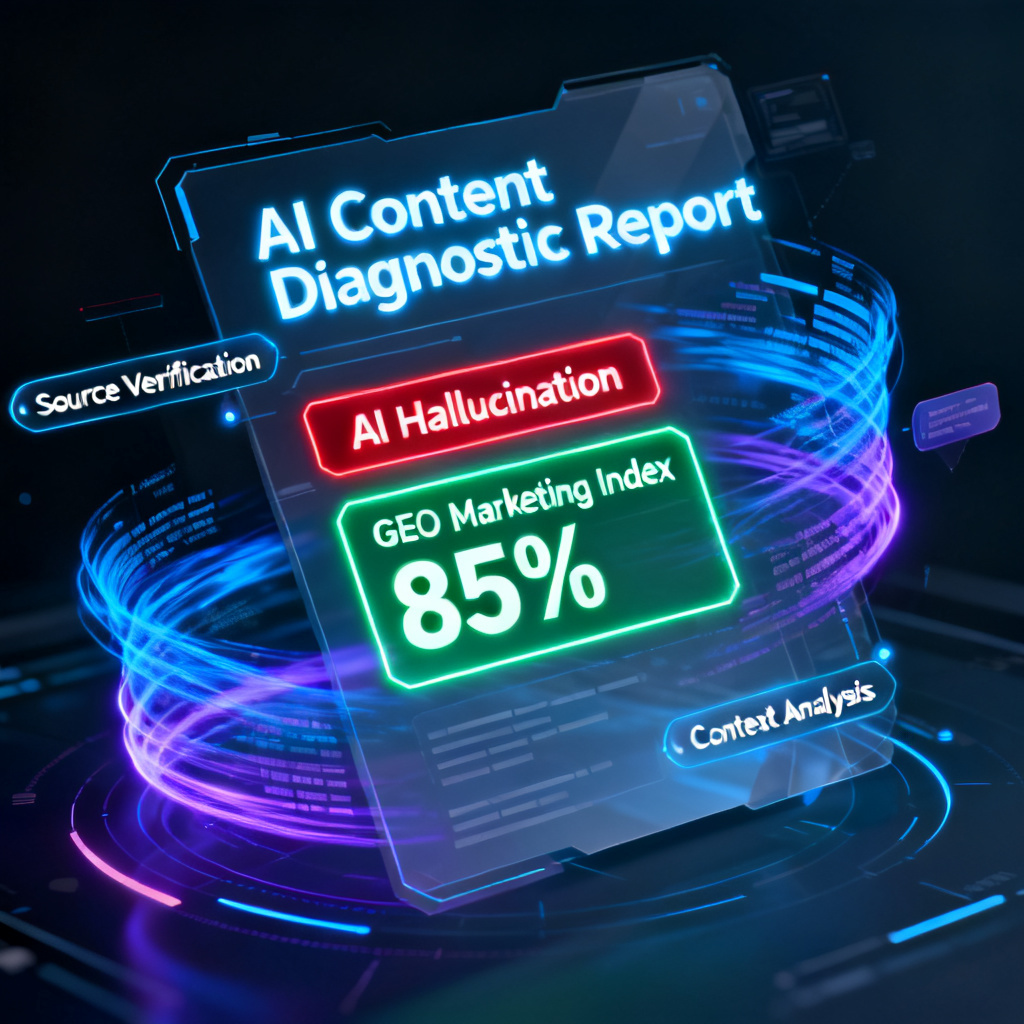 A futuristic interface showing a diagnostic report for AI-generated content, with highlighted sections indicating "AI Hallucination" and "GEO Marketing Index 85%", surrounded by glowing data streams and cross-reference links.