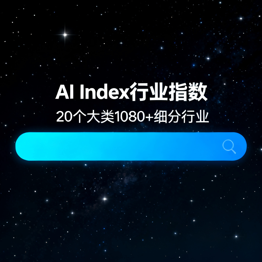搜极星球星广场界面，显示AI Index行业指数，覆盖20个大类1080+细分行业，搜索框高亮，背景为深色星空主题。