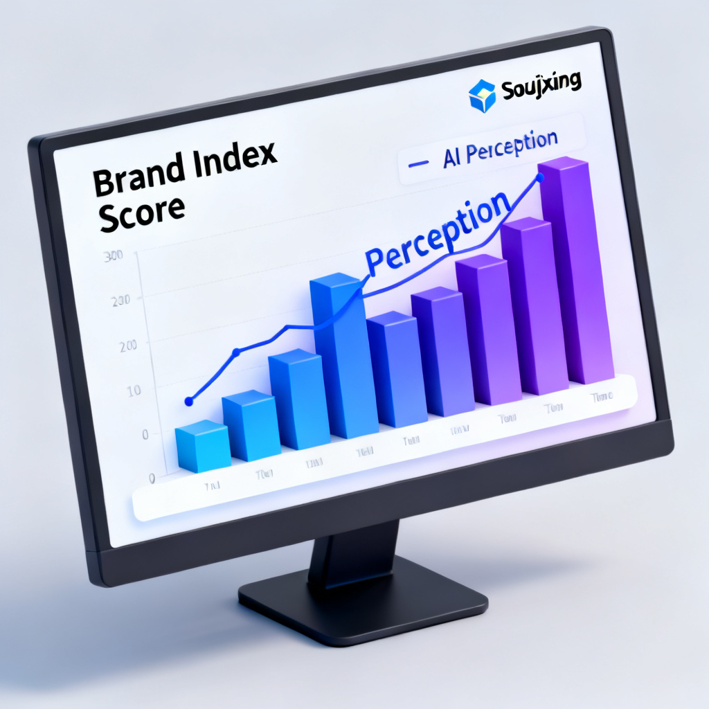 A 3D bar chart showing 'Brand Index Score' over time, with a line graph for 'AI Perception'. The chart is displayed on a monitor with the Soujixing logo in the corner. The style is data-visualization, clean, with gradient colors from blue to purple.