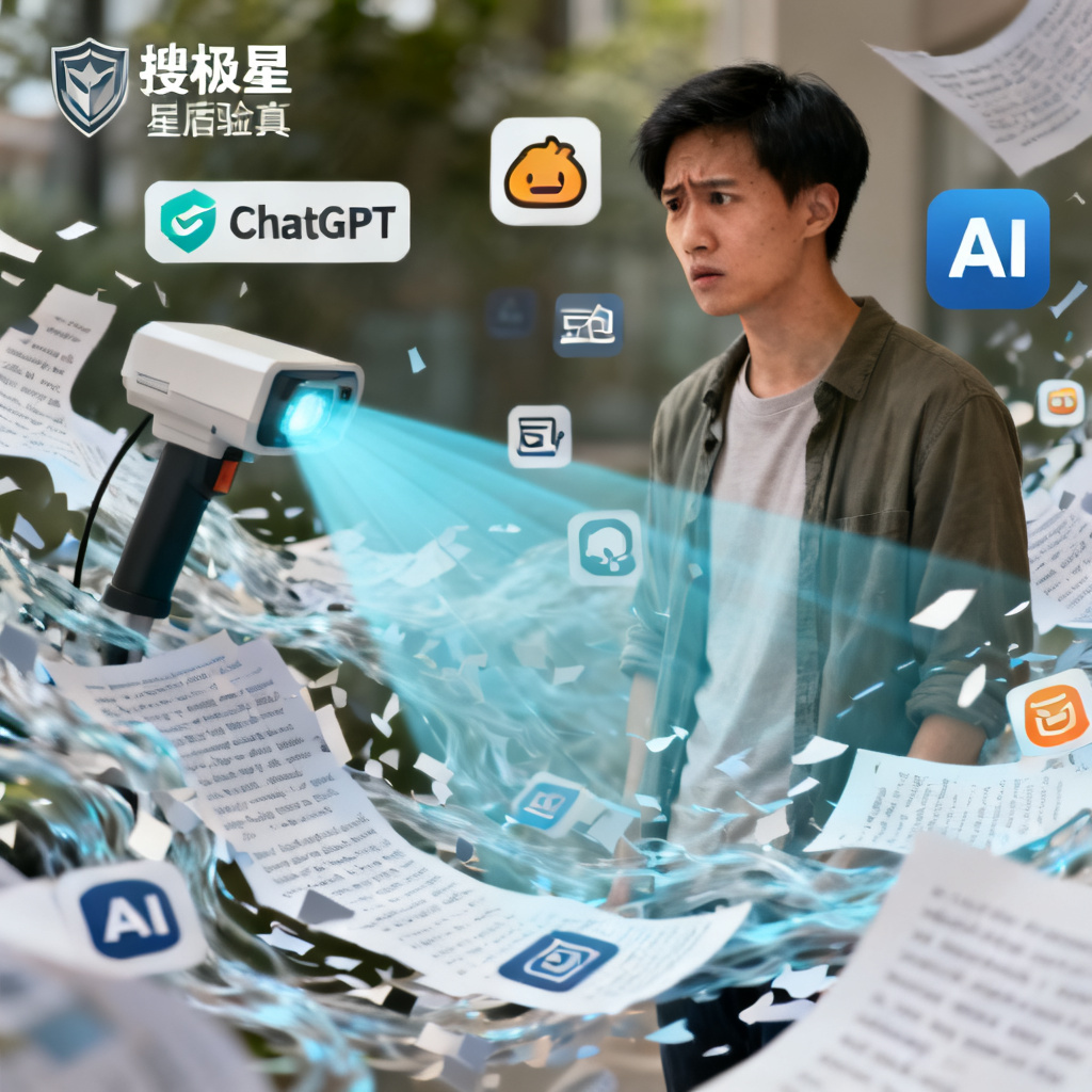 一个人站在信息洪流中，面对多个AI图标（如ChatGPT、豆包），表情困惑，搜极星的“星盾验真”功能如安检仪般扫描虚假信息，风格写实