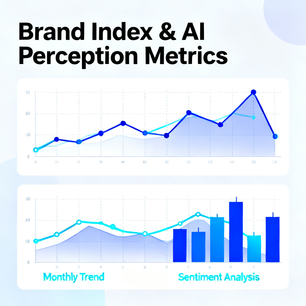 Dashboard interface showing brand index and AI perception metrics, clean design, neon blue and white color scheme, data charts and graphs