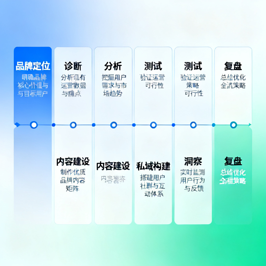 流程图展示AI MANAGED OPS的8步全流程托管：品牌定位→诊断→分析→测试→内容建设→私域构建→洞察→复盘，每个步骤下方有简短描述，整体采用横向时间线设计，色彩为渐变的蓝绿色