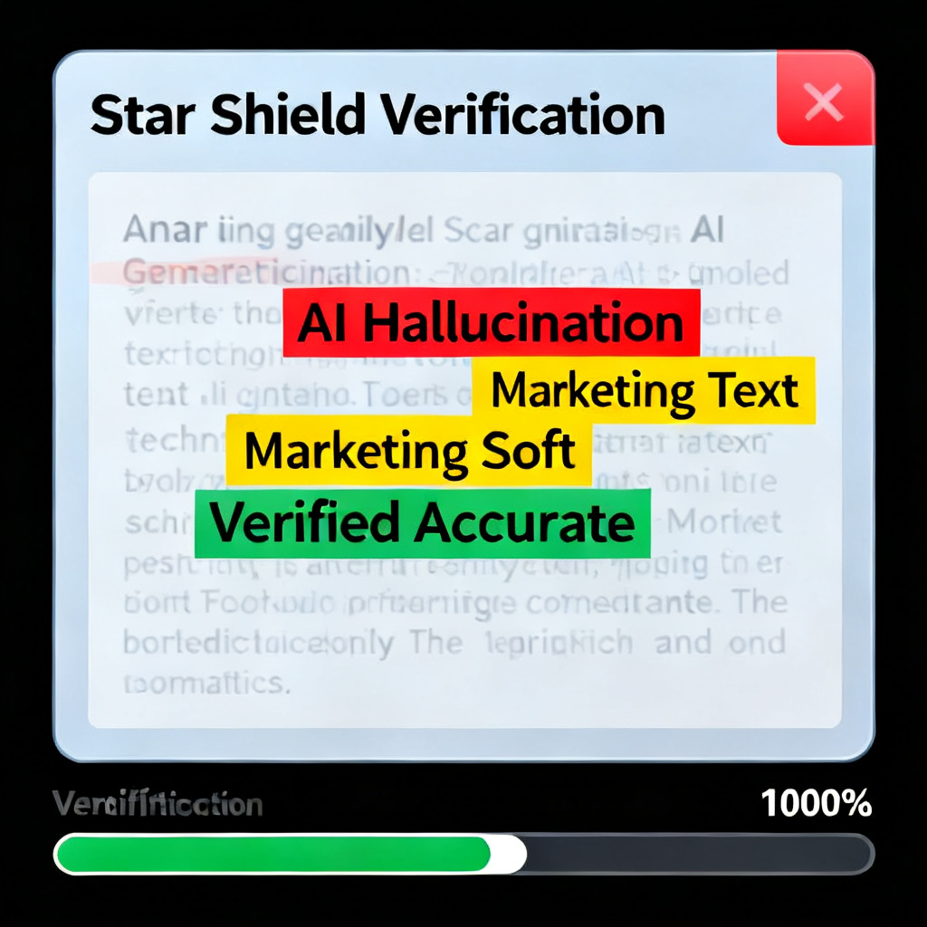 A user interface showing 'Star Shield Verification' scanning an AI-generated text, with highlighted sections marking 'AI Hallucination' in red, 'Marketing Soft Text' in yellow, and 'Verified Accurate' in green. A progress bar shows 100% verification complete.