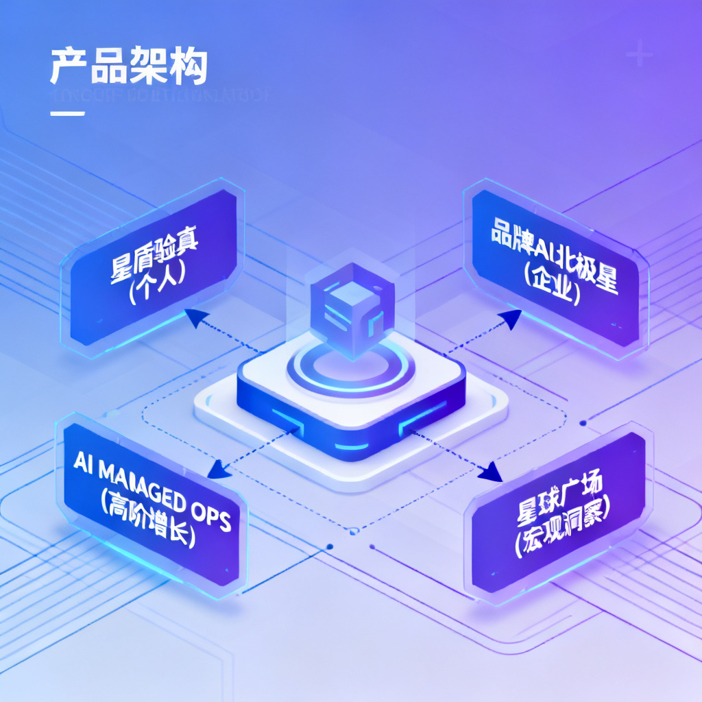 四大功能整合图，中心显示数据基座，向外辐射四个功能模块：星盾验真（个人）、品牌AI北极星（企业）、AI MANAGED OPS（高阶增长）、星球广场（宏观洞察），用箭头和线条连接，风格类似科技产品架构图