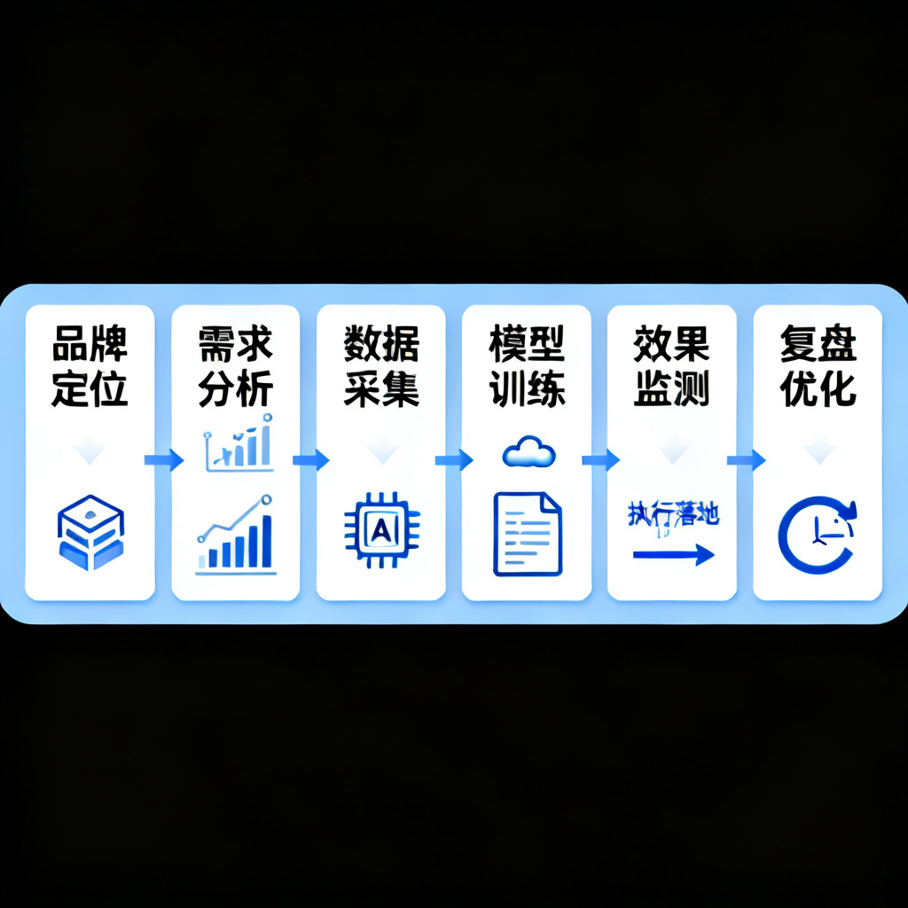 一张AI MANAGED OPS的8步流程图，从品牌定位到复盘，用箭头连接，每个步骤配有小图标。