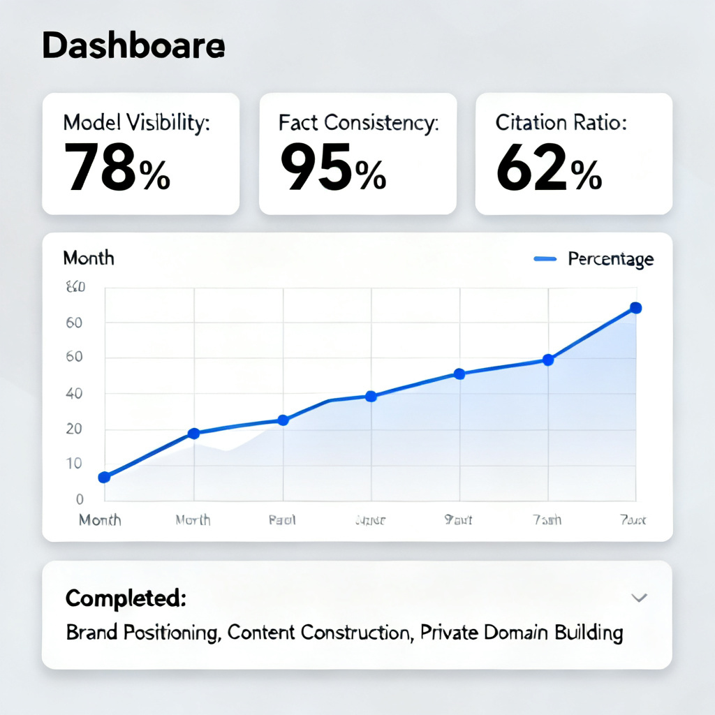 A dashboard screenshot showing three key metrics: "Model Visibility: 78%", "Fact Consistency: 95%", "Citation Ratio: 62%", with a line chart showing monthly trends, and a summary panel listing "Completed: Brand Positioning, Content Construction, Private Domain Building"
