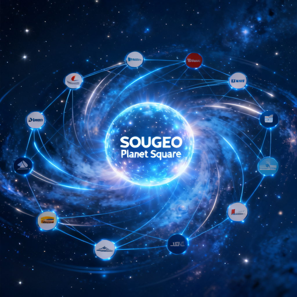 A vast, glowing digital galaxy composed of interconnected data nodes, each node representing a brand or industry. Lines of light flow between nodes, forming a dynamic network. In the center, a radiant sphere labeled 'SOUGEO Planet Square' pulsates with energy, symbolizing the data flywheel effect. The background is a deep cosmic blue with faint stars, emphasizing scale and interconnectedness.