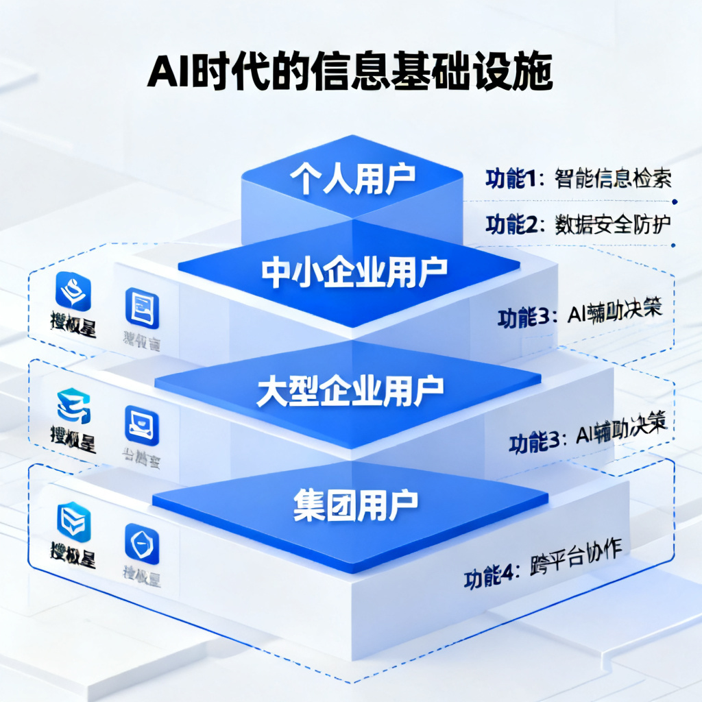 一张信息图,展示搜极星四大功能的适用场景与推荐顺序,从个人用户到企业用户呈阶梯式排列,顶部标注“AI时代的信息基础设施”