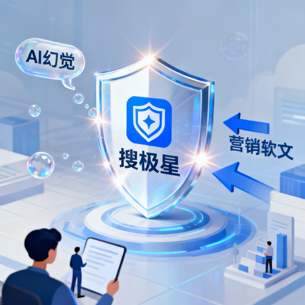 一张概念图，展示搜极星作为一个“盾牌”图标，挡住来自AI的“幻觉”气泡和“营销软文”箭头，保护用户接收真实信息。