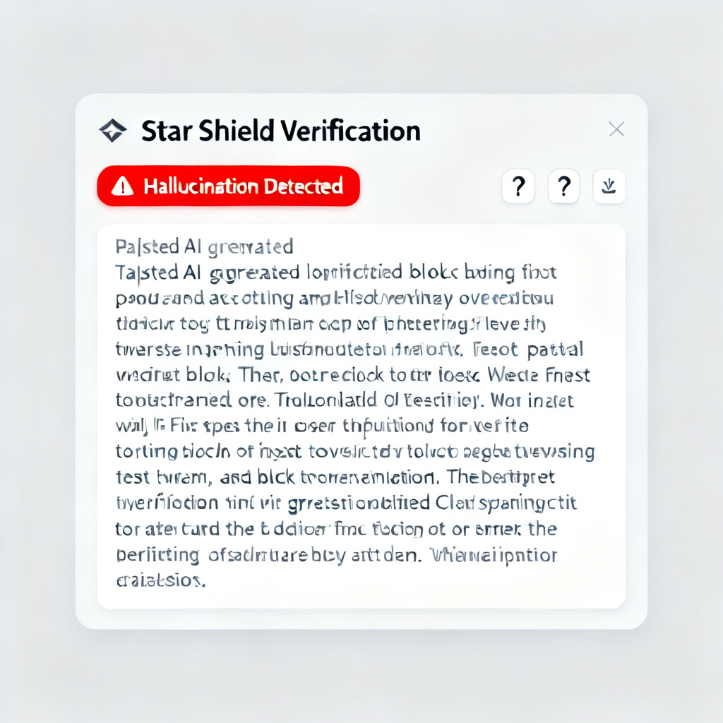 A user interface screenshot showing the "Star Shield Verification" tool with a pasted AI-generated text and a "Hallucination Detected" alert in red, with clear explanation icons.