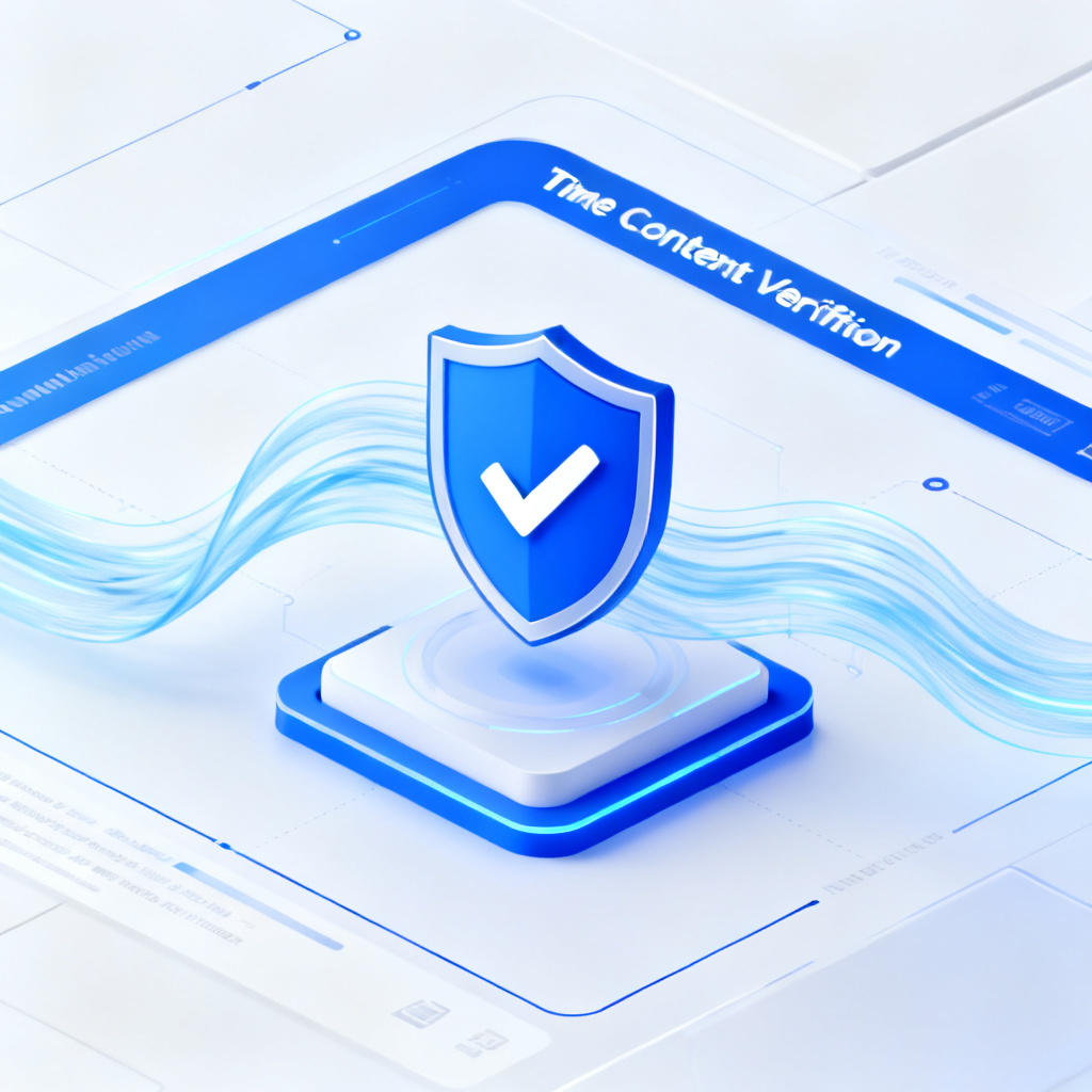 A futuristic dashboard showing real-time AI content verification with a shield icon and data streams, in a clean blue and white design