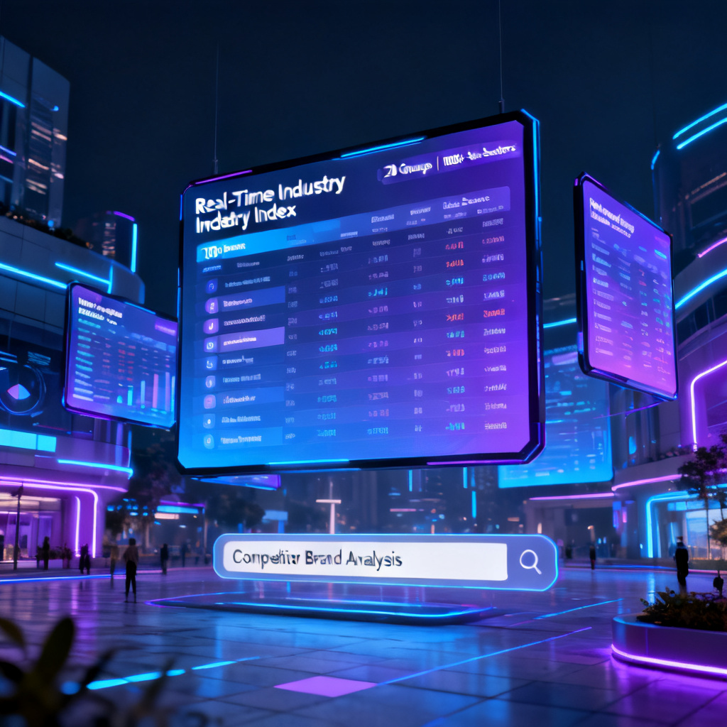A panoramic view of a digital plaza with floating screens showing real-time industry index data, categorized into 20 groups with 1080+ sub-sectors, and a search bar for competitor brand analysis