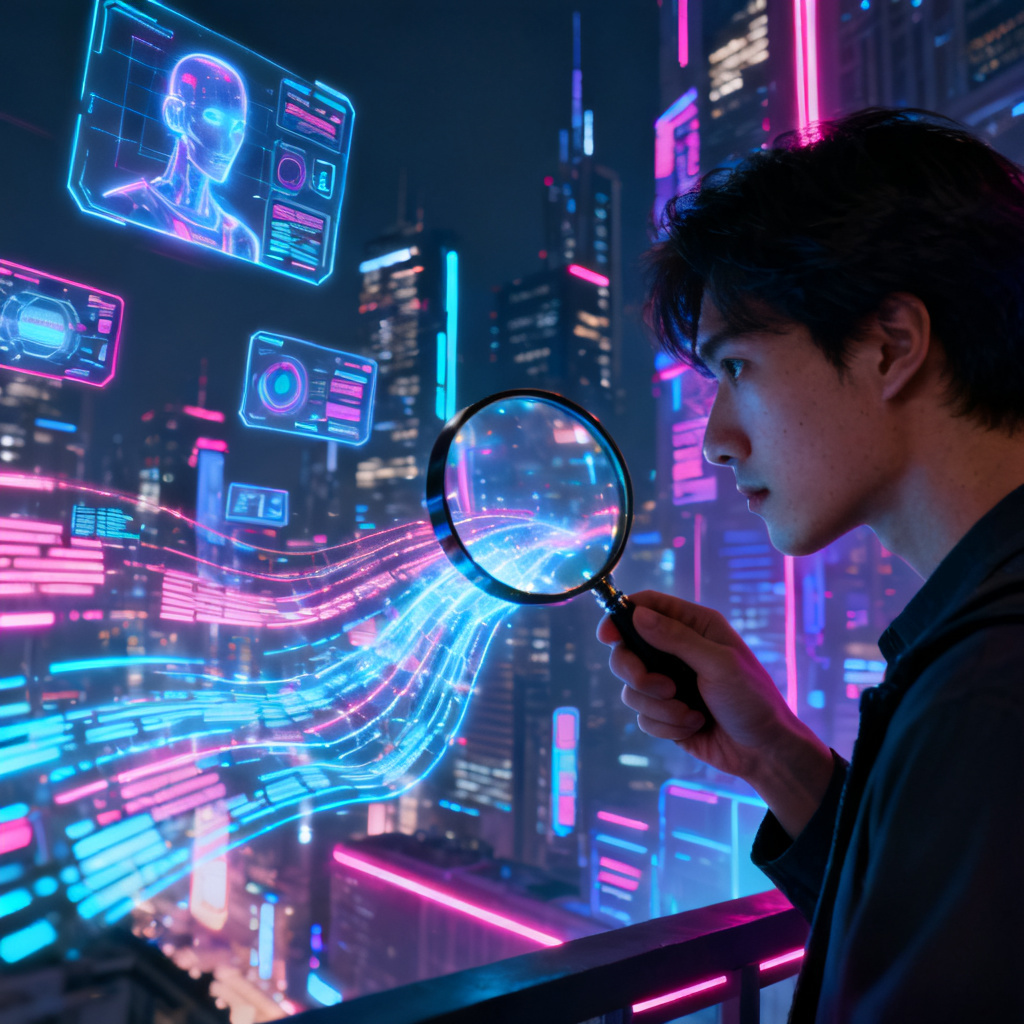 A futuristic cityscape with holographic AI interfaces, a person holding a magnifying glass examining data streams, cyberpunk style, 8K resolution
