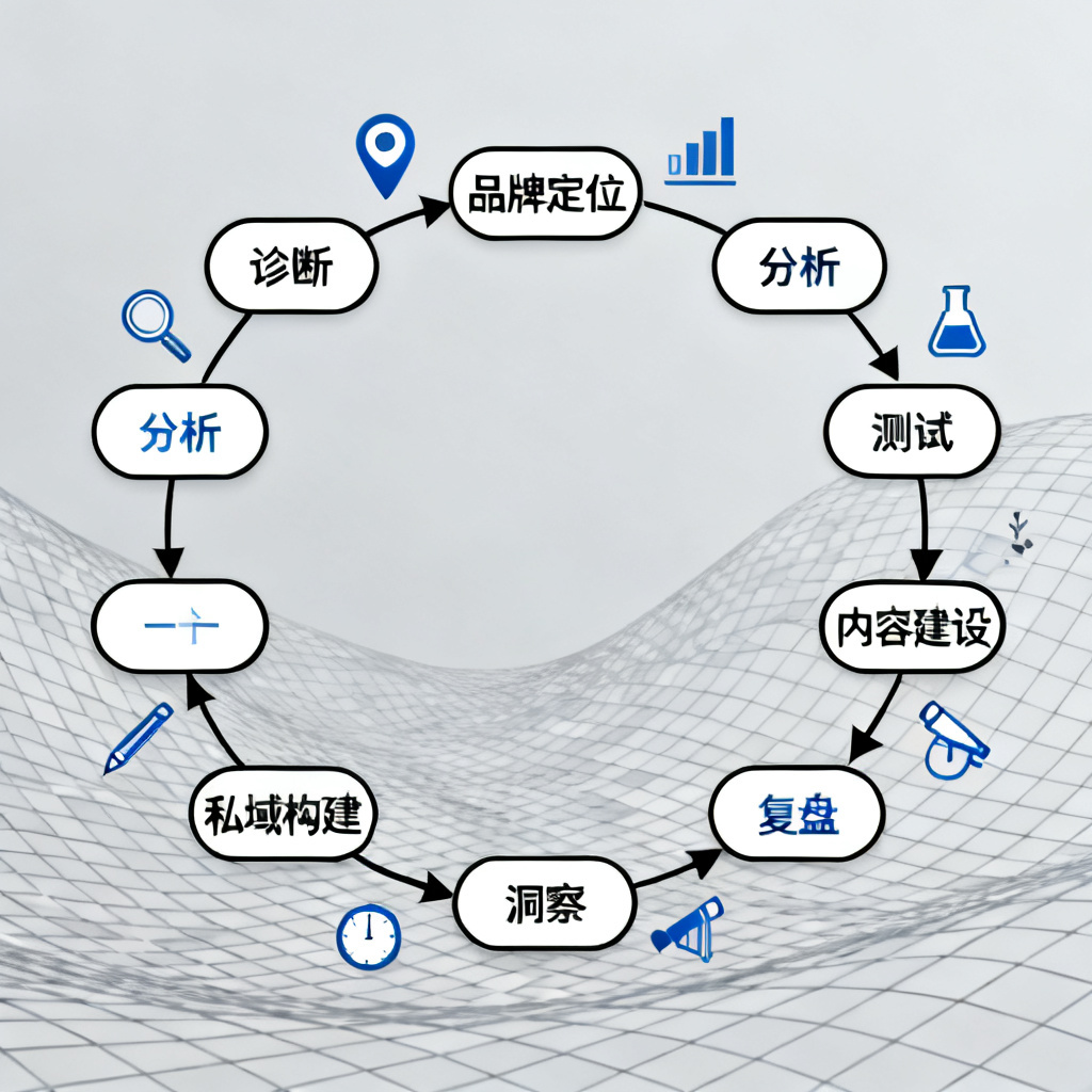 8步闭环流程图，从品牌定位、诊断、分析、测试、内容建设、私域构建、洞察到复盘，用箭头连接，背景为抽象网格，每个节点有图标，商务科技风格