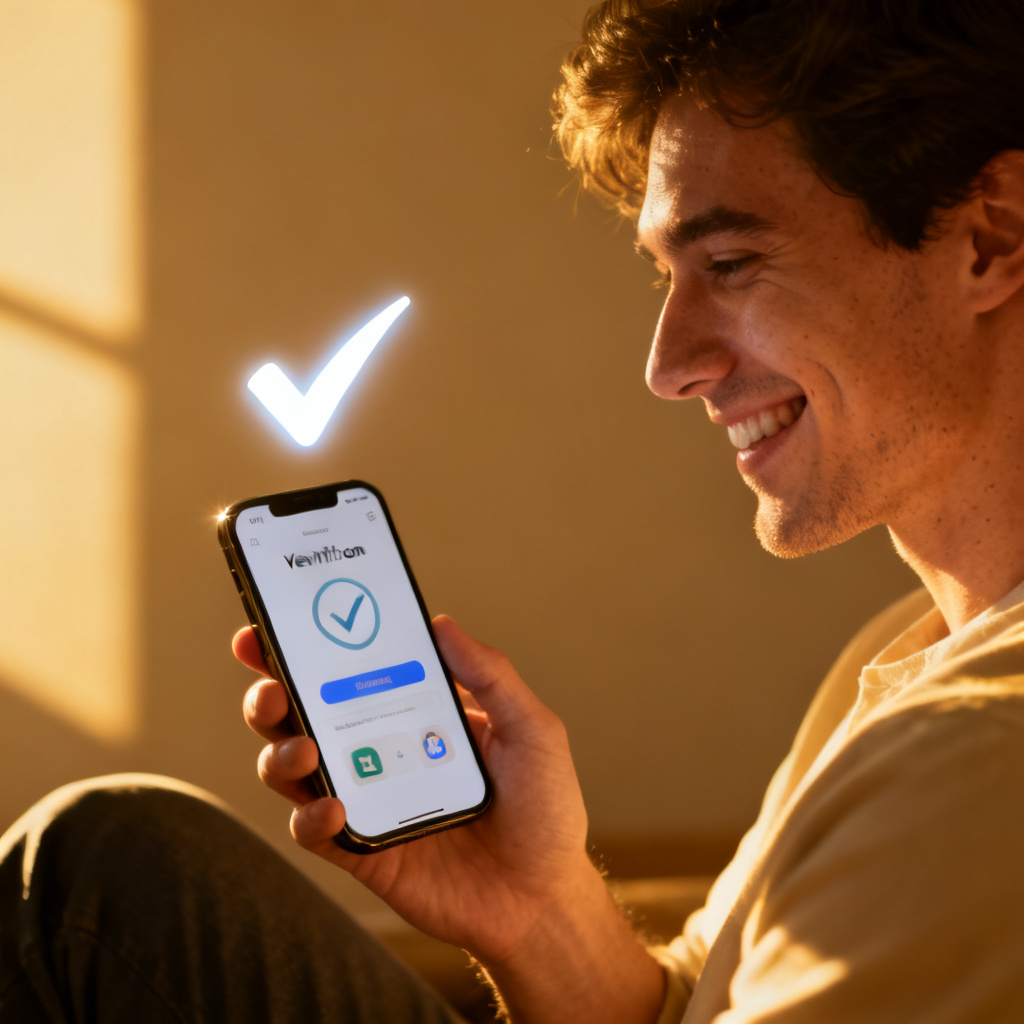 A user smiling while using a mobile app to verify AI content, with a glowing checkmark symbol, realistic style, warm lighting