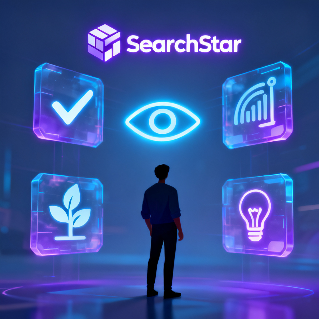 A person choosing between four holographic icons representing verification, monitoring, growth, and insights, with a glowing 'SearchStar' logo.