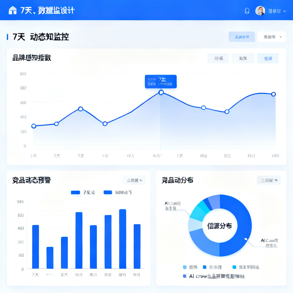 A data dashboard showing a 7-day dynamic monitoring view for brand reputation. The interface features multiple charts: a line graph showing "品牌感知指数" over 7 days, a bar chart comparing "竞品动态预警" counts, and a pie chart of "信源分布" (from which websites AI crawls brand info). The color palette is professional blue and white, with clear labels and a clean layout.